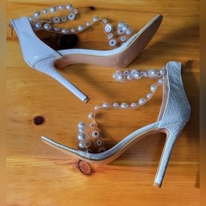 Faux Pearl Decor Zip Back Ankle Strap Sandals 9.5